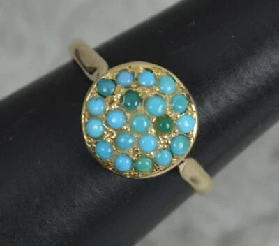 Edwardian 9ct Rose Gold and Turquoise Bombe Cluster Panel Ring - Image 1 of 4