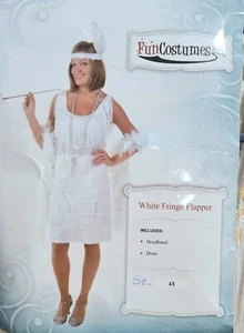 SZ 4X LADIES WHITE FRINGE FLAPPER DRESS COSTUME +SEQUIN FEATHER HDBAND &NECKLACE - Picture 1 of 6