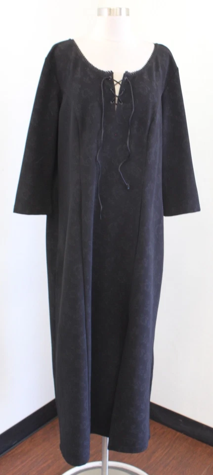 Vtg 2000s Y2k Black Floral Lace Up Neckline Midi Maxi Dress Size 20w Goth Boho - Image 1 of 4