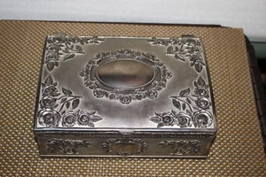Jewelry Box Rose Flowers Scrolls Silver Metal Lidded Trinket Jewelry Box - Picture 1 of 12