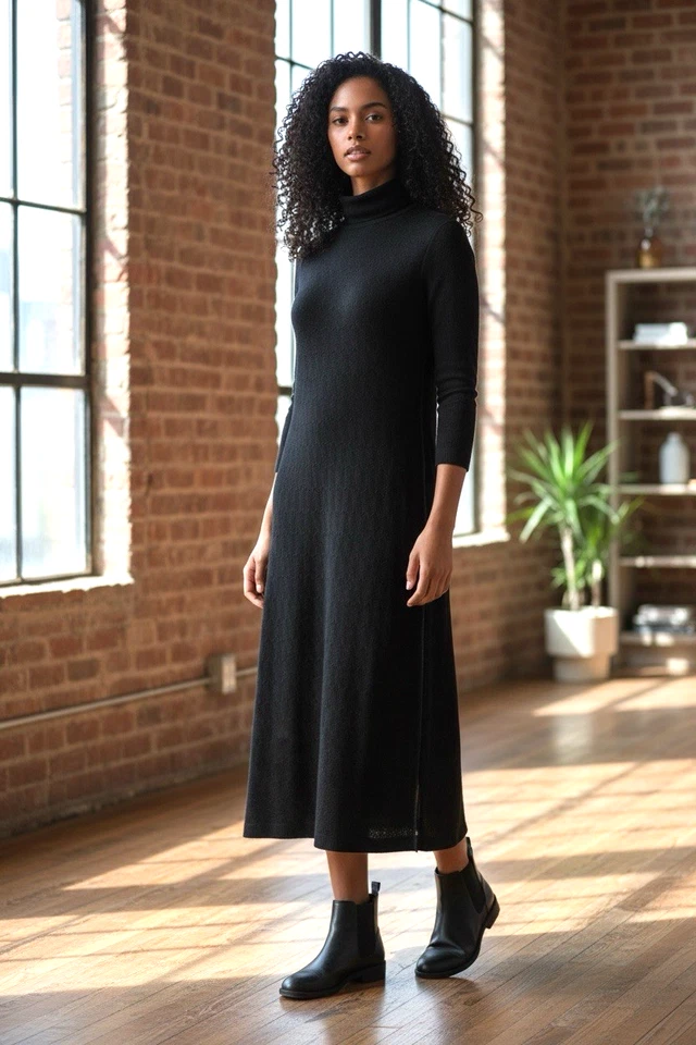 NATORI TALLA M Pullover Midi Suéter Vestido Negro Tejido con Cable Cuello Alto Foto 1 de 4