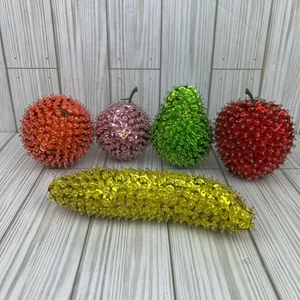 Vintage MCM Push Pin Sequined Beaded Faux Fruit Kitschy Apple Pear Banana Plum - Picture 1 of 11