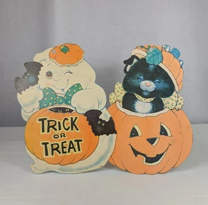 2 Halloween Stanzfiguren niedlicher Geist Kürbis Trick or Treat lächelnde schwarze Katze - Bild 1 von 19
