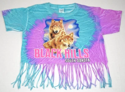 Vintage Animal Print T-Shirt Black Hills SD Size XS/S 90s 00s Wolves Fringe Dye - Изображение 1 из 4