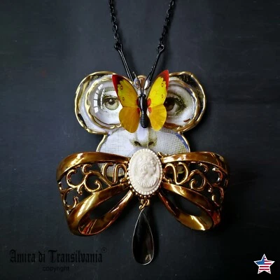 Madame Butterfly Head Portrait Necklace Charm Bow Flake Pendant Cameo Art Deco - Image 1 of 4