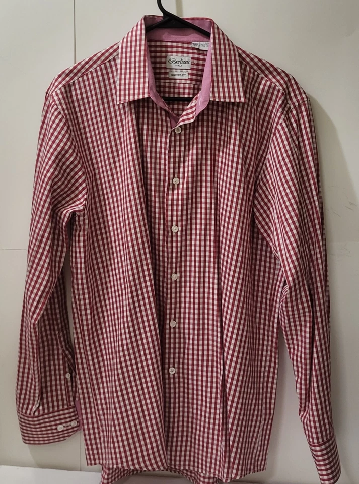 Berlioni Italian, Comfort Fit Dress Shirt Red Plaid Design  Men's  Size 34/35 - Image 1 of 4