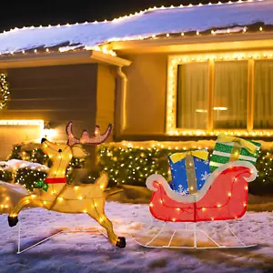 Christmas Outdoor Decorations Yard, Pre-Lit Lighted 2D Santa Sleigh Reindeer wit - Picture 1 of 7
