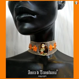 jewelry jewelry jewelry jewelry women's necklace choker cameo flowers orange gold - Picture 1 of 24