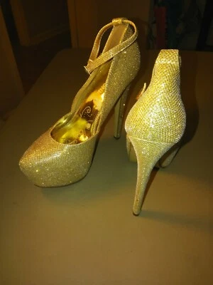 Lasonia Glitter Gold Fabric High Heel Ankle Strap Platform Stiletto Pumps 5.5 - Image 1 of 4