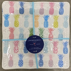 Cynthia Rowley Tropical Pineapple MELAMINE Dinner Plates Set Of 4 Pink Blue - Picture 1 of 1