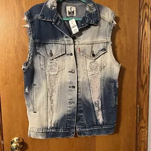 Levis NWT Denim Jean Trucker Acid Wash Jacket Cut Off Sleeves Vest Distressed - Picture 1 of 11