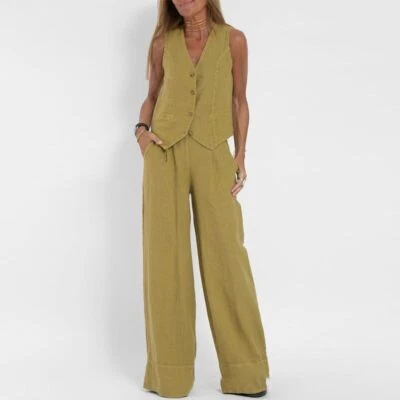 Women's suit jacket vest/top+pants new patchwork cotton linen casual set - Image 1 of 4