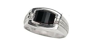 Natural Black Onyx Gemstone with 14K White Gold Plated Silver Ring for Men #1107