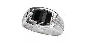 Natural Black Onyx Gemstone with 14K White Gold Plated Silver Ring for Men #1107 - Picture 1 of 15