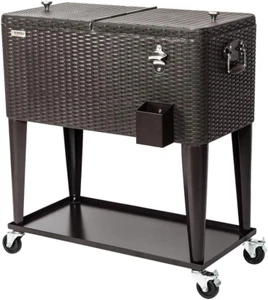 80 Quart Rolling Ice Chest, Portable Patio Party Bar Drink Cooler Cart, with She - Picture 1 of 12