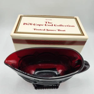 Vintage Avon 1876 Ruby Red Cape Cod 7" Footed Gravy Sauce Boat Bowl with Box - Picture 1 of 10