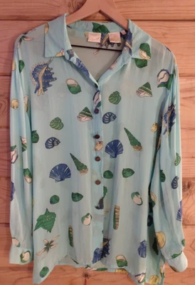 Vintage Apart Women's Blouse Sheer Mint Seashell Print Button Up  Retro Size L - Image 1 of 4