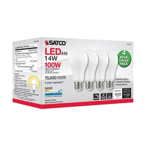 4Pk - Satco 14w 120v A19 LED E26 Medium Base 5000k Natural Light - 100w equiv - Picture 1 of 6