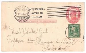 1912 Paterson New Jersey Uprated Postal Card to Switzerland - Picture 1 of 2