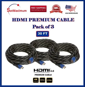 3-Pack - 30FT HDMI 4K Premium Braided Cable 60Hz 1080P HDTV 3D Xbox PS5 Cord - Picture 1 of 7