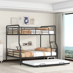Full XL Over Queen Metal Bunk Bed with Twin Size Trundle, Black - Picture 1 of 12