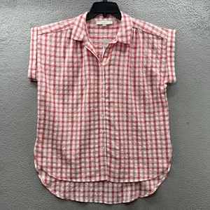 Ann Taylor LOFT Gingham Check Short Sleeve Red White Button Up Shirt Top Size M - Picture 1 of 11