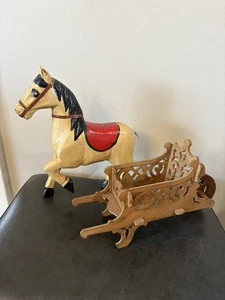 Vintage handbemalt 10" Massivholz PFERD verzierter Schlitten Weihnachten Feriendorf - Bild 1 von 20