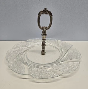 Vtg 10” Round Glass Dessert Appetizer Server Tray Plate Zinc Silver Plate Handle - Picture 1 of 11