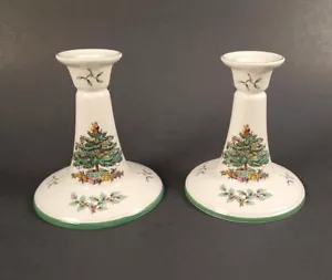 "SPODE" Set of 2 Christmas Taper Candle Holders 5"Tall, Christmas Trees - Picture 1 of 9