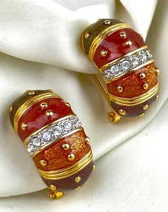 JOAN RIVERS Vintage Gold Tone Clip Earrings Multi-Colored Curved Knobby - Picture 1 of 11