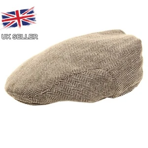 NEW MENS HERRINGBONE FLAT CAP TWEED WOOL MIX COUNTRY RACING BLACK BROWN 56-60CM - Picture 1 of 4