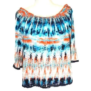 JohnPaulRichard Off-Shoulder Boho Blouse M Sheer Tie-Dye Crochet Trim Top - Picture 1 of 15
