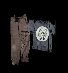 Size 6/7 Outfit Cat Grey Long Sleeve Shirt & Brown Pants / Unisex - Picture 1 of 1
