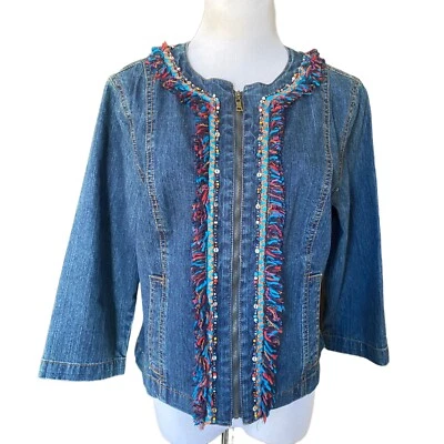 Women’s Size 6 Jean JACKET Fringe Beads RUBY RD POCKETS Boho - Image 1 of 4