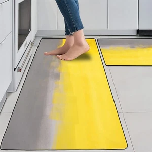 Kitchen Rugs and Mats Washable Yellow and Grey Abstract Art Printing Non-Skid... - Picture 1 of 7