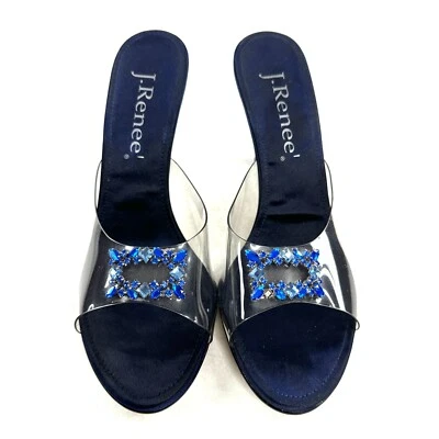 J Renee Women Size 9 Navy Blue Satin Clear Insole Heel Sandal Shoe Rhinestones - Image 1 of 4