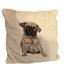 Pug Dog Vintage Needlepoint Accent Pillow 12” X 12”