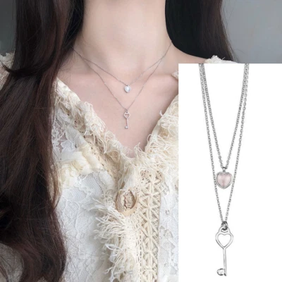 Gargantilla de plata de ley 925 doble capa corazón llave ópalo collar cadena 15-17" G11 Foto 1 de 4