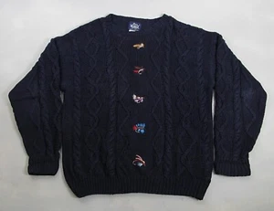 Vtg Woolrich Cable Knit Sweater Mens XL Blue Fly Fishing Lures Embroidered - Picture 1 of 7