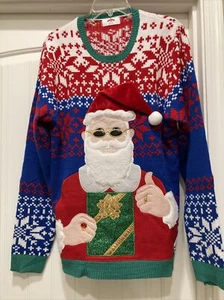 Cool Santa Sweater Holiday Time SZ L Hidden Pocket Red Stone Various Textures - Picture 1 of 11
