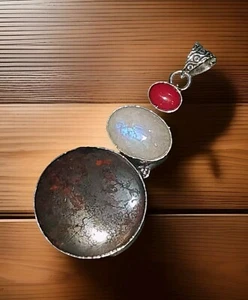 Red Coral, Moonstone & Blood Stone 925 Silver multi Gem Pendant. Long\Large 3668 - Picture 1 of 11