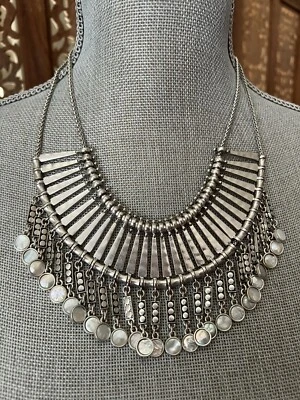Lucky Brand Bib Necklace Silver Tone Statement Jewelry Pearlescent Bohemian - Image 1 of 4
