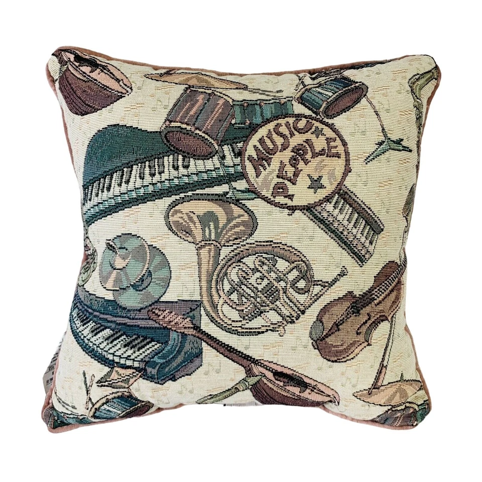 Music People Decorative Tapestry Throw Pillow Needlepoint Violin Horn Piano Drum - Image 1 of 4