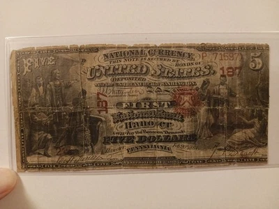 1865 $5 FIRST NB OF HANOVER,PA NATIONAL CURRENCY CH#187 CONTEMPORARY COUNTERFEIT - Image 1 of 4