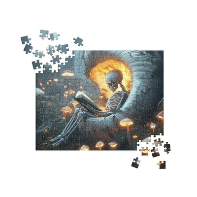 Skeleton Reading Puzzle Gothic Mushroom Forest Dark Fantasy Spooky Jigsaw - Image 1 of 4