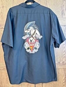 Lucky 13 Mens Shirt XXL Black Graphic Print Red Kap Rockabilly Pin-up Mechanic - Picture 1 of 8