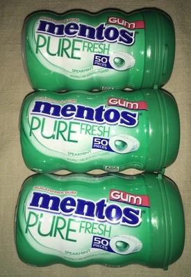 3 Mentos Pure Fresh Sugar Free Chewing Gum with Xylitol Spearmint 50 Pieces Each - Image 1 of 3