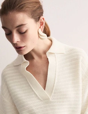 M&S - Jaeger Womens White Cotton V-Neck Long sleeved Jumper - Image 1 of 4