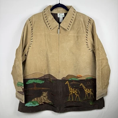 Quacker Factory Marrón Cremallera Gamuza Cuero Mujer 2X Chaqueta Safari Tigre Jirafas Foto 1 de 4