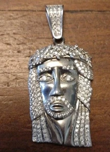 Large Sterling Silver Gem Encrusted Jesus Christ Head Pendant - Picture 1 of 13